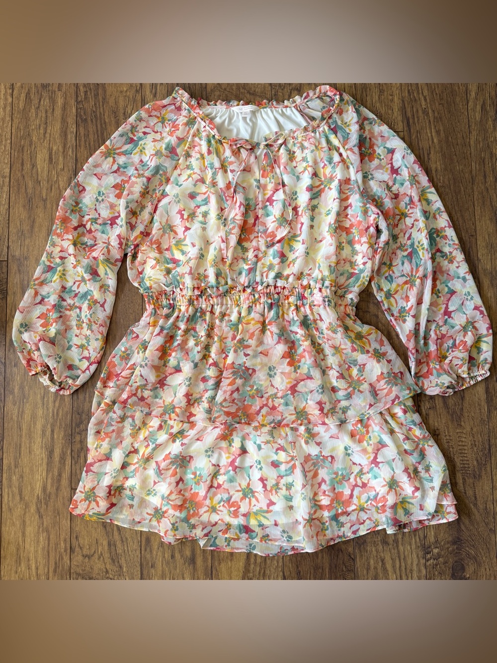 LC Lauren Conrad XL Floral Chiffon Tiered Mini Dress Puff Sleeve Cottagecore
